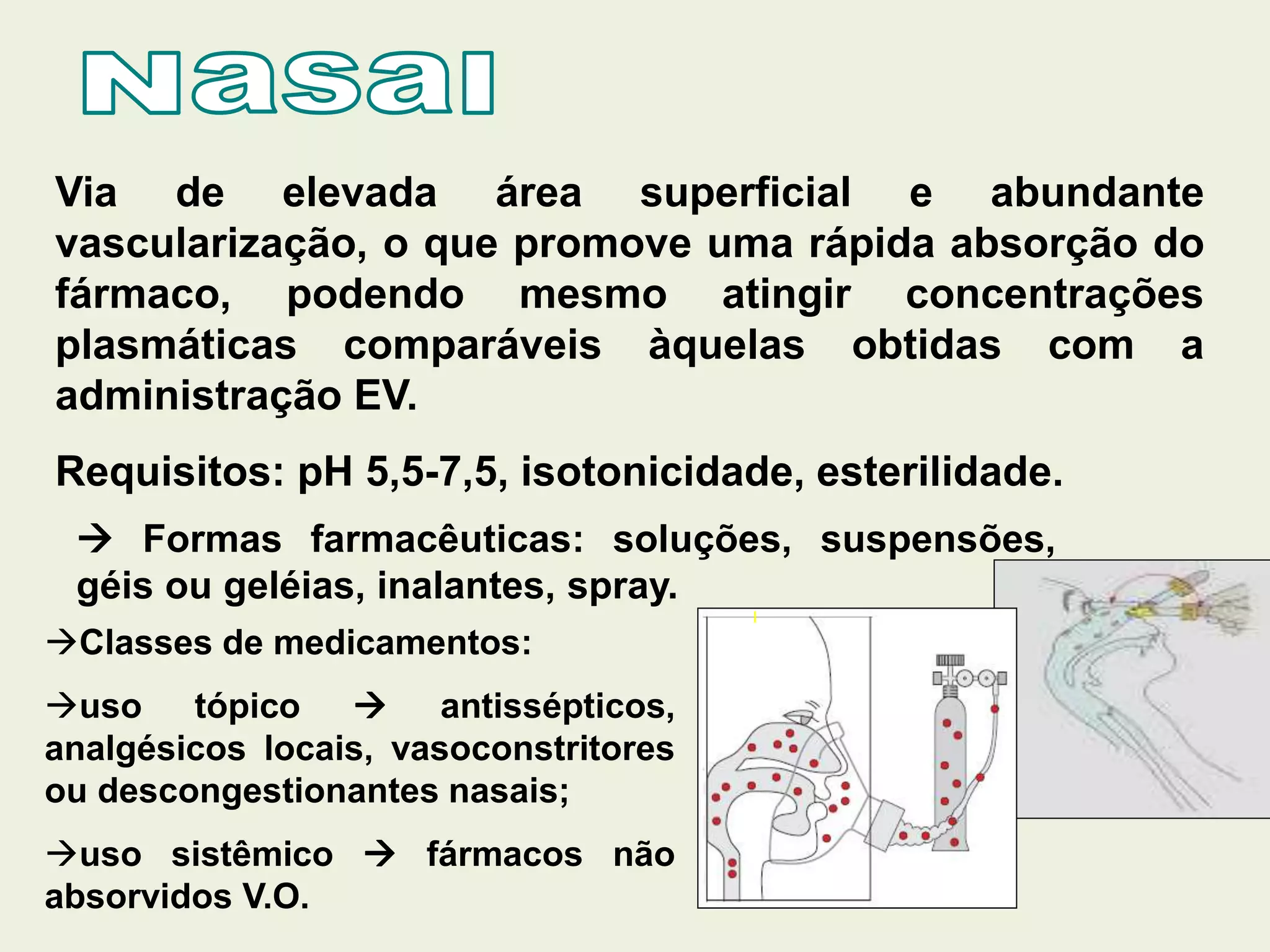 Via de elevada área superficial e abundante
vascularização, o que promove uma rápida absorção do
fármaco, podendo mesmo atingir concentrações
plasmáticas comparáveis àquelas obtidas com a
administração EV.
Requisitos: pH 5,5-7,5, isotonicidade, esterilidade.
 Formas farmacêuticas: soluções, suspensões,
géis ou geléias, inalantes, spray.
Classes de medicamentos:
uso tópico  antissépticos,
analgésicos locais, vasoconstritores
ou descongestionantes nasais;
uso sistêmico  fármacos não
absorvidos V.O.
 