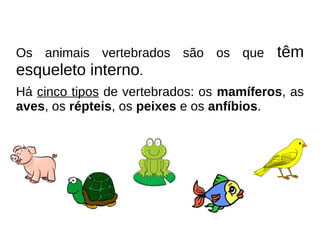 Os animais vertebrados são os que
esqueleto interno.

têm

Há cinco tipos de vertebrados: os mamíferos, as
aves, os répteis, os peixes e os anfíbios.

 