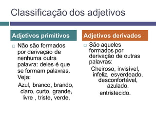 Classificação dos adjetivos

Adjetivos primitivos           Adjetivos derivados
   Não são formados              São aqueles
    por derivação de               formados por
    nenhuma outra                  derivação de outras
    palavra: deles é que           palavras:
    se formam palavras.             Cheiroso, invisível,
    Veja:                            infeliz, esverdeado,
                                        desconfortável,
    Azul, branco, brando,                   azulado,
     claro, curto, grande,              entristecido.
      livre , triste, verde.
 