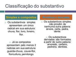 Classificação do substantivo

Simples e compostos                     Primitivos e derivados
   Os substantivos simples             Os substantivos simples
                                             não provêm de
      apresentam um único                nenhuma outra palavra:
    radical em sua estrutura:             árvore, carta, pedra,
    chuva, flor, livro, livreiro,                dente.
               flor.
                                           Os substantivos
                                        derivados são formados
         Já os compostos               a partir de outra palavra:
    apresentam pelo menos 2                arvoredo, carteiro,
                                           pedreira, dentista.
    radicias em sua estrutura:
    guarda-chuva, couve-flor,
      floricultura, pernilongo.
 