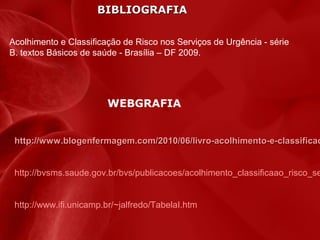 BIBLIOGRAFIA
Acolhimento e Classificação de Risco nos Serviços de Urgência - série
B. textos Básicos de saúde - Brasília – DF 2009.

WEBGRAFIA

http://www.blogenfermagem.com/2010/06/livro-acolhimento-e-classificac

http://bvsms.saude.gov.br/bvs/publicacoes/acolhimento_classificaao_risco_se
http://www.ifi.unicamp.br/~jalfredo/TabelaI.htm

 