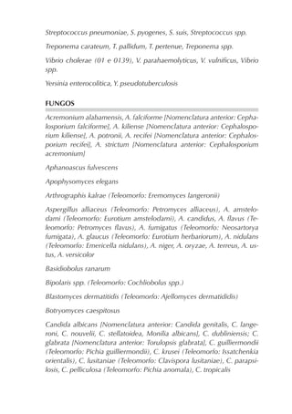 Streptococcus pneumoniae, S. pyogenes, S. suis, Streptococcus spp.
Treponema carateum, T. pallidum, T. pertenue, Treponema spp.
Vibrio cholerae (01 e 0139), V. parahaemolyticus, V. vulniﬁcus, Vibrio
spp.
Yersinia enterocolitica, Y. pseudotuberculosis
FUNGOS
Acremonium alabamensis, A. falciforme [Nomenclatura anterior: Cepha-
losporium falciforme], A. kiliense [Nomenclatura anterior: Cephalospo-
rium kiliense], A. potronii, A. recifei [Nomenclatura anterior: Cephalos-
porium recifei], A. strictum [Nomenclatura anterior: Cephalosporium
acremonium]
Aphanoascus fulvescens
Apophysomyces elegans
Arthrographis kalrae (Teleomorfo: Eremomyces langeronii)
Aspergillus alliaceus (Teleomorfo: Petromyces alliaceus), A. amstelo-
dami (Teleomorfo: Eurotium amstelodami), A. candidus, A. ﬂavus (Te-
leomorfo: Petromyces ﬂavus), A. fumigatus (Teleomorfo: Neosartorya
fumigata), A. glaucus (Teleomorfo: Eurotium herbariorum), A. nidulans
(Teleomorfo: Emericella nidulans), A. niger, A. oryzae, A. terreus, A. us-
tus, A. versicolor
Basidiobolus ranarum
Bipolaris spp. (Teleomorfo: Cochliobolus spp.)
Blastomyces dermatitidis (Teleomorfo: Ajellomyces dermatididis)
Botryomyces caespitosus
Candida albicans [Nomenclatura anterior: Candida genitalis, C. lange-
roni, C. nouvelii, C. stellatoidea, Monilia albicans], C. dubliniensis; C.
glabrata [Nomenclatura anterior: Torulopsis glabrata], C. guilliermondii
(Teleomorfo: Pichia guilliermondii), C. krusei (Teleomorfo: Issatchenkia
orientalis), C. lusitaniae (Teleomorfo: Clavispora lusitaniae), C. parapsi-
losis, C. pelliculosa (Teleomorfo: Pichia anomala), C. tropicalis
 