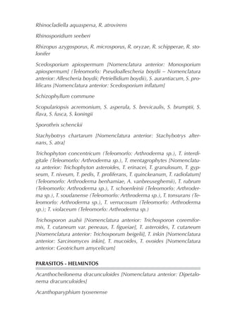 Rhinocladiella aquaspersa, R. atrovirens
Rhinosporidium seeberi
Rhizopus azygosporus, R. microsporus, R. oryzae, R. schipperae, R. sto-
lonifer
Scedosporium apiospermum [Nomenclatura anterior: Monosporium
apiospermum] (Teleomorfo: Pseudoallescheria boydii – Nomenclatura
anterior: Allescheria boydii; Petriellidium boydii), S. aurantiacum, S. pro-
liﬁcans [Nomenclatura anterior: Scedosporium inﬂatum]
Schizophyllum commune
Scopulariopsis acremonium, S. asperula, S. brevicaulis, S. brumptii, S.
ﬂava, S. fusca, S. koningii
Sporothrix schenckii
Stachybotrys chartarum [Nomenclatura anterior: Stachybotrys alter-
nans, S. atra]
Trichophyton concentricum (Teleomorfo: Arthroderma sp.), T. interdi-
gitale (Teleomorfo: Arthroderma sp.), T. mentagrophytes [Nomenclatu-
ra anterior: Trichophyton asteroides, T. erinacei, T. granulosum, T. gyp-
seum, T. niveum, T. pedis, T. proliferans, T. quinckeanum, T. radiolatum]
(Teleomorfo: Arthroderma benhamiae, A. vanbreuseghemii), T. rubrum
(Teleomorfo: Arthroderma sp.), T. schoenleinii (Teleomorfo: Arthroder-
ma sp.), T. soudanense (Teleomorfo: Arthroderma sp.), T. tonsurans (Te-
leomorfo: Arthroderma sp.), T. verrucosum (Teleomorfo: Arthroderma
sp.); T. violaceum (Teleomorfo: Arthroderma sp.)
Trichosporon asahii [Nomenclatura anterior: Trichosporon coremifor-
mis, T. cutaneum var. peneaus, T. ﬁgueiae], T. asteroides, T. cutaneum
[Nomenclatura anterior: Trichosporum beigelii], T. inkin [Nomenclatura
anterior: Sarcinomyces inkin], T. mucoides, T. ovoides [Nomenclatura
anterior: Geotrichum amycelicum]
PARASITOS - HELMINTOS
Acanthocheilonema dracunculoides [Nomenclatura anterior: Dipetalo-
nema dracunculoides]
Acanthoparyphium tyosenense
 