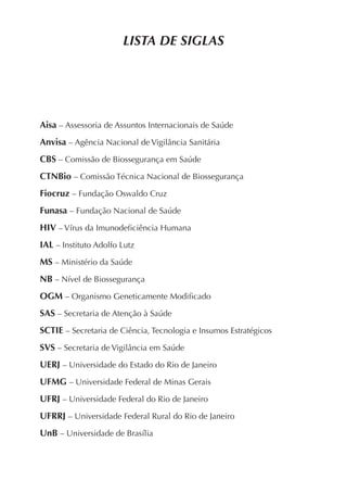 LISTA DE SIGLAS
Aisa – Assessoria de Assuntos Internacionais de Saúde
Anvisa – Agência Nacional de Vigilância Sanitária
CBS – Comissão de Biossegurança em Saúde
CTNBio – Comissão Técnica Nacional de Biossegurança
Fiocruz – Fundação Oswaldo Cruz
Funasa – Fundação Nacional de Saúde
HIV – Vírus da Imunodeﬁciência Humana
IAL – Instituto Adolfo Lutz
MS – Ministério da Saúde
NB – Nível de Biossegurança
OGM – Organismo Geneticamente Modiﬁcado
SAS – Secretaria de Atenção à Saúde
SCTIE – Secretaria de Ciência, Tecnologia e Insumos Estratégicos
SVS – Secretaria de Vigilância em Saúde
UERJ – Universidade do Estado do Rio de Janeiro
UFMG – Universidade Federal de Minas Gerais
UFRJ – Universidade Federal do Rio de Janeiro
UFRRJ – Universidade Federal Rural do Rio de Janeiro
UnB – Universidade de Brasília
 