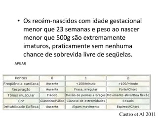 • Os recém-nascidos com idade gestacional 
menor que 23 semanas e peso ao nascer 
menor que 500g são extremamente 
imaturos, praticamente sem nenhuma 
chance de sobrevida livre de seqüelas. 
Castro et Al 2011 
APGAR 

