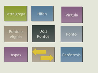 Letra gregaLetra grega HífenHífen VírgulaVírgula
Ponto e
vírgula
Ponto e
vírgula
Dois
Pontos
Dois
Pontos PontoPonto
AspasAspas ParêntesisParêntesis
 