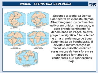 BRASIL - ESTRUTURA GEOLÓGICABRASIL - ESTRUTURA GEOLÓGICA

Segundo a teoria da Deriva
Continental do cientista alemão
Alfred Wegener, os continentes
estiveram unidos no passado, e
esse grande continente foi
denominado de Pagea palavra
grega que significa “ toda terra”
e uma grande maça de água
denominada de Panthalassa. E
devido a movimentação de
placas no assoalho oceânico
essas maças de terra foram se
separando formando os
continentes que conhecemos
hoje.
 