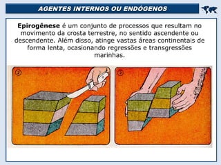 AGENTES INTERNOS OU ENDÓGENOSAGENTES INTERNOS OU ENDÓGENOS

Epirogênese é um conjunto de processos que resultam no
movimento da crosta terrestre, no sentido ascendente ou
descendente. Além disso, atinge vastas áreas continentais de
forma lenta, ocasionando regressões e transgressões
marinhas.
 