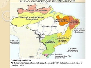 Classificação de Aziz
Ab’Saberhttp://geografalando.blogspot.com.br/2013/04/classificacao-do-relevo-
brasileiro.html
 