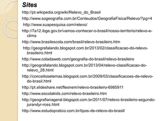 Sites
http://pt.wikipedia.org/wiki/Relevo_do_Brasil
http://www.sogeografia.com.br/Conteudos/GeografiaFisica/Relevo/?pg=4
http://www.suapesquisa.com/relevo/
http://7a12.ibge.gov.br/vamos-conhecer-o-brasil/nosso-territorio/relevo-e-
clima
http://www.brasilescola.com/brasil/relevo-brasileiro.htm
http://geografalando.blogspot.com.br/2013/02/classificacao-do-relevo-
brasileiro.html
http://www.coladaweb.com/geografia-do-brasil/relevo-brasileiro
http://geografalando.blogspot.com.br/2013/04/relevo-classificacao-do-
relevo_28.html
http://conceitosetemas.blogspot.com.br/2009/03/classificacoes-de-relevo-
do-brasil.html
http://pt.slideshare.net/fleonem/relevo-brasileiro-6985911
http://www.escolakids.com/relevo-brasileiro.htm
http://geografianageral.blogspot.com.br/2011/07/relevo-brasileiro-segundo-
jurandyr-ross.html
http://www.estudopratico.com.br/tipos-de-relevo-do-brasil/
 