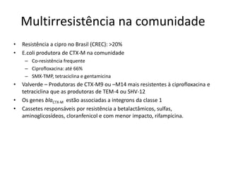 Multirresistência na comunidade
• Resistência a cipro no Brasil (CREC): >20%
• E.coli produtora de CTX-M na comunidade
– Co-resistência frequente
– Ciprofloxacina: até 66%
– SMX-TMP, tetraciclina e gentamicina
• Valverde – Produtoras de CTX-M9 ou –M14 mais resistentes à ciprofloxacina e
tetraciclina que as produtoras de TEM-4 ou SHV-12
• Os genes blaCTX-M estão associadas a integrons da classe 1
• Cassetes responsáveis por resistência a betalactâmicos, sulfas,
aminoglicosídeos, cloranfenicol e com menor impacto, rifampicina.
 
