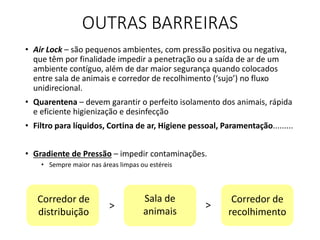 OUTRAS BARREIRAS
• Air Lock – são pequenos ambientes, com pressão positiva ou negativa,
que têm por finalidade impedir a penetração ou a saída de ar de um
ambiente contíguo, além de dar maior segurança quando colocados
entre sala de animais e corredor de recolhimento (‘sujo’) no fluxo
unidirecional.
• Quarentena – devem garantir o perfeito isolamento dos animais, rápida
e eficiente higienização e desinfecção
• Filtro para líquidos, Cortina de ar, Higiene pessoal, Paramentação.........
• Gradiente de Pressão – impedir contaminações.
• Sempre maior nas áreas limpas ou estéreis
Corredor de
distribuição
Sala de
animais
Corredor de
recolhimento
> >
 