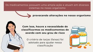 Os medicamentos possuem uma ampla ação e atuam em diversos

sistemas no nosso organismo
provocando alterações no nosso organismo
Com isso, houve a necessidade de

classificarmos os medicamentos de

acordo com seu grau de risco
O critério de tarjas (faixas) foi

adotado para ajudar nessa

classificação
 
