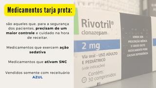 M e d i c a m e n t o s t a r j a p r e t a :
são aqueles que, para a segurança

dos pacientes, precisam de um

maior controle e cuidado na hora

de receitar.
Medicamentos que exercem ação

sedativa
Medicamentos que ativam SNC
Vendidos somente com receituário

AZUL
 