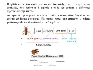 • O epíteto específico nunca deve ser escrito sozinho. Isso evita que ocorra
confusão, pois refere-se à espécie e pode ser comum a diferentes
espécies de organismos.
• Ao aparecer pela primeira vez no texto, o nome científico deve ser
escrito de forma completa. Nas outras vezes que aparecer, o epíteto
genérico pode ser abreviado. Ex – H. sapiens.
 