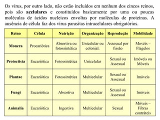 Os vírus, por outro lado, não estão incluídos em nenhum dos cincos reinos,
pois são acelulares e constituídos basicamente por uma ou poucas
moléculas de ácidos nucleicos envoltas por moléculas de proteínas. A
ausência de célula faz dos vírus parasitas intracelulares obrigatórios.
Reino Célula Nutrição Organização Reprodução Mobilidade
Monera Procariótica
Absortiva ou
fotossintética
Unicelular ou
colonial.
Assexual por
fissão
Movéis –
Flagelos
Protoctista Eucariótica Fotossintética Unicelular
Sexual ou
Assexual
Imóveis ou
Móveis
Plantae Eucariótica Fotossintética Multicelular
Sexual ou
Assexual
Imóveis
Fungi Eucariótica Absortiva Multicelular
Sexual ou
Assexual
Imóveis
Animalia Eucariótica Ingestiva Multicelular Sexual
Móveis –
Fibras
contráteis
 