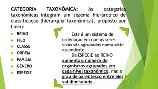 CATEGORIA TAXONÔMICA: As categorias
taxonômicas integram um sistema hierárquico de
classificação (hierarquia taxonômica), proposto por
Lineu:
 REINO
 FILO
 CLASSE
 ORDEM
 FAMÍLIA
 GÊNERO
 ESPÉCIE
Este é um sistema de
ordenação em que os seres
vivos são agrupados numa série
ascendente.
Da ESPÉCIE ao REINO
aumenta o número de
organismos agrupados em
cada nível taxonômico, mas o
grau de parentesco entre eles
vai diminuindo.
 