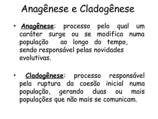 Anagênese e Cladogênese
• Anagênese: processo pelo qual um
caráter surge ou se modifica numa
população ao longo do tempo,
sendo responsável pelas novidades
evolutivas.
• Cladogênese: processo responsável
pela ruptura da coesão inicial numa
população, gerando duas ou mais
populações que não mais se comunicam.
 