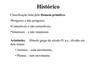 Histórico
Classificação feita pelo Homem primitivo:
•Perigosos e não perigosos;
•Comestíveis e não comestíveis;
•Venenosos e não venenosos.
Aristóteles: filósofo grego do século IV a.c., dividiu em
dois reinos:
• Animais – com movimento;
• Plantas – sem movimento.
 