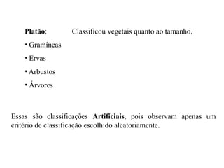 Platão: Classificou vegetais quanto ao tamanho.
• Gramíneas
• Ervas
• Arbustos
• Árvores
Essas são classificações Artificiais, pois observam apenas um
critério de classificação escolhido aleatoriamente.
 