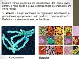 Existem várias propostas de classificação dos seres vivos,
porém, a mais aceita é a que organiza todos os organismo em
cinco reinos:
1. Monera - Grupo composto de organismos unicelulares e
procariontes, que podem ou não produzir o próprio alimento.
Pertencem a esse a esse reino as bactérias.
Cianobactérias
 