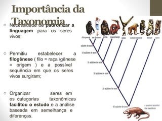 o Necessidade de padronizar a
linguagem para os seres
vivos;
o Permitiu estabelecer a
filogênese ( filo = raça /gênese
= origem ) e a possível
sequência em que os seres
vivos surgiram;
o Organizar
os categorias
seres em
taxonômicas
facilitou o estudo e a análise
baseada em semelhança e
diferenças.
Importância da
Taxonomia
 