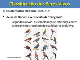 Classificação dos Seres Vivos
Classificação dos Seres Vivos
3) A Sistemática Moderna (Séc. XIX)
 Idéias de Darwin e o conceito de “Filogenia”.
I. Segundo Darwin, as semelhanças e diferenças entre
os organismos resultam de sua história evolutiva.
Tentilhões de galápagos.
 