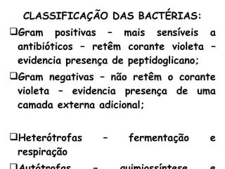 CLASSIFICAÇÃO DAS BACTÉRIAS: Gram positivas – mais sensíveis a antibióticos – retêm corante violeta – evidencia presença de peptidoglicano; Gram negativas – não retêm o corante violeta – evidencia presença de uma camada externa adicional; Heterótrofas – fermentação e respiração Autótrofas – quimiossíntese e fotossíntese 