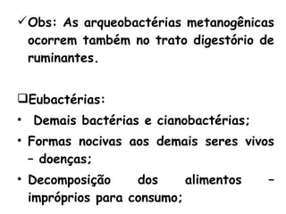 Obs: As arqueobactérias metanogênicas ocorrem também no trato digestório de ruminantes. Eubactérias: Demais bactérias e cianobactérias; Formas nocivas aos demais seres vivos – doenças; Decomposição dos alimentos – impróprios para consumo; 