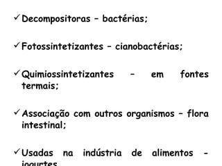 Decompositoras – bactérias; Fotossintetizantes – cianobactérias; Quimiossintetizantes – em fontes termais; Associação com outros organismos – flora intestinal; Usadas na indústria de alimentos - iogurtes 