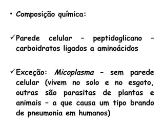 Composição química: Parede celular – peptidoglicano – carboidratos ligados a aminoácidos Exceção:  Micoplasma  – sem parede celular (vivem no solo e no esgoto, outras são parasitas de plantas e animais – a que causa um tipo brando de pneumonia em humanos) 