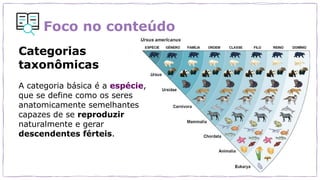 Foco no conteúdo
Categorias
taxonômicas
A categoria básica é a espécie,
que se define como os seres
anatomicamente semelhantes
capazes de se reproduzir
naturalmente e gerar
descendentes férteis.
 