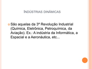 INDÚSTRIAS DINÂMICAS


 Sãoaquelas da 3ª Revolução Industrial
 (Química, Eletrônica, Petroquímica, da
 Aviação). Ex.: A indústria da Informática, a
 Espacial e a Aeronáutica, etc...
 