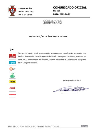 COMUNICADO OFICIAL
                                           N.: 457
                                           DATA: 2011.06.22




              CLASSIFICAÇÕES DA ÉPOCA DE 2010/2011




Para conhecimento geral, seguidamente se anexam as classificações aprovadas pelo
Plenário do Conselho de Arbitragem da Federação Portuguesa de Futebol, realizado em
22.06.2011, relativamente aos Árbitros, Árbitros Assistentes e Observadores do Quadro
da 1ª Categoria Nacional.




                                                        Pel'A Direcção da F.P.F.
                                                            A
 