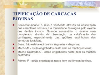 TIPIFICAÇÃO DE CARCAÇAS BOVINAS Sexo-maturidade: o sexo é verificado através da observação dos caracteres sexuais e a maturidade fisiológica pelo exame dos dentes incisos. Quando necessário, o exame será completado através da observação da calcificação das cartilagens, especialmente das apófises espinhosas das vértebras torácicas. Sexo: São estabeleci das as seguintes categorias: Macho-M - estão englobados neste item os machos inteiros; Macho Castrado-C - estão englobados neste item os machos castrados; Fêmea-F - estão englobados neste item as fêmeas bovinas.   