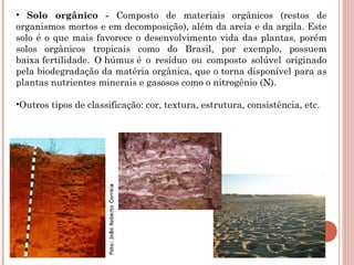 • Solo orgânico - Composto de materiais orgânicos (restos de
organismos mortos e em decomposição), além da areia e da argila. Este
solo é o que mais favorece o desenvolvimento vida das plantas, porém
solos orgânicos tropicais como do Brasil, por exemplo, possuem
baixa fertilidade. O húmus é o resíduo ou composto solúvel originado
pela biodegradação da matéria orgânica, que o torna disponível para as
plantas nutrientes minerais e gasosos como o nitrogênio (N).
•Outros tipos de classificação: cor, textura, estrutura, consistência, etc.
 