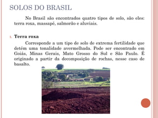 SOLOS DO BRASIL
No Brasil são encontrados quatro tipos de solo, são eles:
terra roxa, massapé, salmorão e aluviais.
1. Terra roxa
Corresponde a um tipo de solo de extrema fertilidade que
detém uma tonalidade avermelhada. Pode ser encontrado em
Goiás, Minas Gerais, Mato Grosso do Sul e São Paulo. É
originado a partir da decomposição de rochas, nesse caso de
basalto.
 