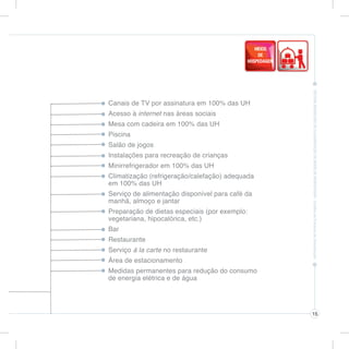 Canais de TV por assinatura em 100% das UH
Acesso à internet nas áreas sociais
Mesa com cadeira em 100% das UH
Piscina
Salão de jogos
Instalações para recreação de crianças
Minirrefrigerador em 100% das UH
Climatização (refrigeração/calefação) adequada
em 100% das UH
Serviço de alimentação disponível para café da
manhã, almoço e jantar
Preparação de dietas especiais (por exemplo:
vegetariana, hipocalórica, etc.)
Bar
Restaurante
Serviço à la carte no restaurante
Área de estacionamento
Medidas permanentes para redução do consumo
de energia elétrica e de água




                                                 15
 