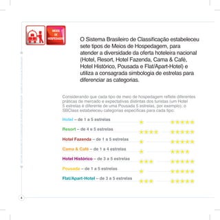 O Sistema Brasileiro de Classificação estabeleceu
             sete tipos de Meios de Hospedagem, para
             atender a diversidade da oferta hoteleira nacional
             (Hotel, Resort, Hotel Fazenda, Cama & Café,
             Hotel Histórico, Pousada e Flat/Apart-Hotel) e
             utiliza a consagrada simbologia de estrelas para
             diferenciar as categorias.

    Considerando que cada tipo de meio de hospedagem reflete diferentes
    práticas de mercado e expectativas distintas dos turistas (um Hotel
    5 estrelas é diferente de uma Pousada 5 estrelas, por exemplo), o
    SBClass estabeleceu categorias específicas para cada tipo:

    Hotel – de 1 a 5 estrelas

    Resort – de 4 e 5 estrelas

    Hotel Fazenda – de 1 a 5 estrelas

    Cama & Café – de 1 a 4 estrelas

    Hotel Histórico – de 3 a 5 estrelas

    Pousada – de 1 a 5 estrelas

    Flat/Apart-Hotel – de 3 a 5 estrelas



4
 