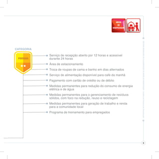 CATEGORIA

            Serviço de recepção aberto por 12 horas e acessível
            durante 24 horas
            Área de estacionamento
            Troca de roupas de cama e banho em dias alternados
            Serviço de alimentação disponível para café da manhã
            Pagamento com cartão de crédito ou de débito
            Medidas permanentes para redução do consumo de energia
            elétrica e de água
            Medidas permanentes para o gerenciamento de resíduos
            sólidos, com foco na redução, reuso e reciclagem
            Medidas permanentes para geração de trabalho e renda
            para a comunidade local
            Programa de treinamento para empregados




                                                                     9
 