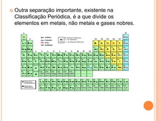  Outra separação importante, existente na
Classificação Periódica, é a que divide os
elementos em metais, não metais e gases nobres.
 