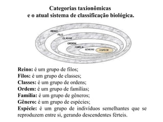 Categorias taxionômicas
e o atual sistema de classificação biológica.
Reino: é um grupo de filos;
Filos: é um grupo de classes;
Classes: é um grupo de ordens;
Ordem: é um grupo de famílias;
Família: é um grupo de gêneros;
Gênero: é um grupo de espécies;
Espécie: é um grupo de indivíduos semelhantes que se
reproduzem entre si, gerando descendentes férteis.
 
