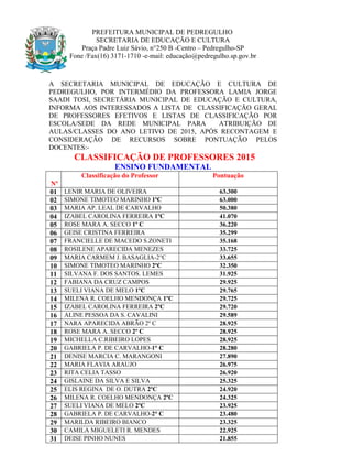 PREFEITURA MUNICIPAL DE PEDREGULHO
SECRETARIA DE EDUCAÇÃO E CULTURA
Praça Padre Luiz Sávio, n°250 B -Centro – Pedregulho-SP
Fone /Fax(16) 3171-1710 -e-mail: educação@pedregulho.sp.gov.br
A SECRETARIA MUNICIPAL DE EDUCAÇÃO E CULTURA DE
PEDREGULHO, POR INTERMÉDIO DA PROFESSORA LAMIA JORGE
SAADI TOSI, SECRETÁRIA MUNICIPAL DE EDUCAÇÃO E CULTURA,
INFORMA AOS INTERESSADOS A LISTA DE CLASSIFICAÇÃO GERAL
DE PROFESSORES EFETIVOS E LISTAS DE CLASSIFICAÇÃO POR
ESCOLA/SEDE DA REDE MUNICIPAL PARA ATRIBUIÇÃO DE
AULAS/CLASSES DO ANO LETIVO DE 2015, APÓS RECONTAGEM E
CONSIDERAÇÃO DE RECURSOS SOBRE PONTUAÇÃO PELOS
DOCENTES:-
CLASSIFICAÇÃO DE PROFESSORES 2015
ENSINO FUNDAMENTAL
Nº
Classificação do Professor Pontuação
01 LENIR MARIA DE OLIVEIRA 63.300
02 SIMONE TIMOTEO MARINHO 1ºC 63.000
03 MARIA AP. LEAL DE CARVALHO 50.380
04 IZABEL CAROLINA FERREIRA 1ºC 41.070
05 ROSE MARA A. SECCO 1º C 36.220
06 GEISE CRISTINA FERREIRA 35.299
07 FRANCIELLE DE MACEDO S.ZONETI 35.168
08 ROSILENE APARECIDA MENEZES 33.725
09 MARIA CARMEM J. BASAGLIA-2°C 33.655
10 SIMONE TIMOTEO MARINHO 2ºC 32.350
11 SILVANA F. DOS SANTOS. LEMES 31.925
12 FABIANA DA CRUZ CAMPOS 29.925
13 SUELI VIANA DE MELO 1ºC 29.765
14 MILENA R. COELHO MENDONÇA 1ºC 29.725
15 IZABEL CAROLINA FERREIRA 2ºC 29.720
16 ALINE PESSOA DA S. CAVALINI 29.589
17 NARA APARECIDA ABRÃO 2º C 28.925
18 ROSE MARA A. SECCO 2º C 28.925
19 MICHELLA C.RIBEIRO LOPES 28.925
20 GABRIELA P. DE CARVALHO-1° C 28.280
21 DENISE MARCIA C. MARANGONI 27.890
22 MARIA FLAVIA ARAUJO 26.975
23 RITA CELIA TASSO 26.920
24 GISLAINE DA SILVA E SILVA 25.325
25 ELIS REGINA DE O. DUTRA 2ºC 24.920
26 MILENA R. COELHO MENDONÇA 2ºC 24.325
27 SUELI VIANA DE MELO 2ºC 23.925
28 GABRIELA P. DE CARVALHO-2° C 23.480
29 MARILDA RIBEIRO BIANCO 23.325
30 CAMILA MIGUELETI R. MENDES 22.925
31 DEISE PINHO NUNES 21.855
 