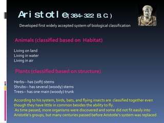 Aristotle (384-322 B.C.) Developed first widely accepted system of biological classification According to his system, birds, bats, and flying insects are  classified together even though they have little in common besides the ability to fly. As time passed, more organisms were discovered and some did not fit easily into Aristotle’s groups, but many centuries passed before Aristotle’s system was replaced Animals (classified based on  Habitat) Living on land Living in water Living in air Plants (classified based on structure) Herbs-- has (soft) stems Shrubs-- has several (woody) stems Trees-- has one main (woody) trunk 