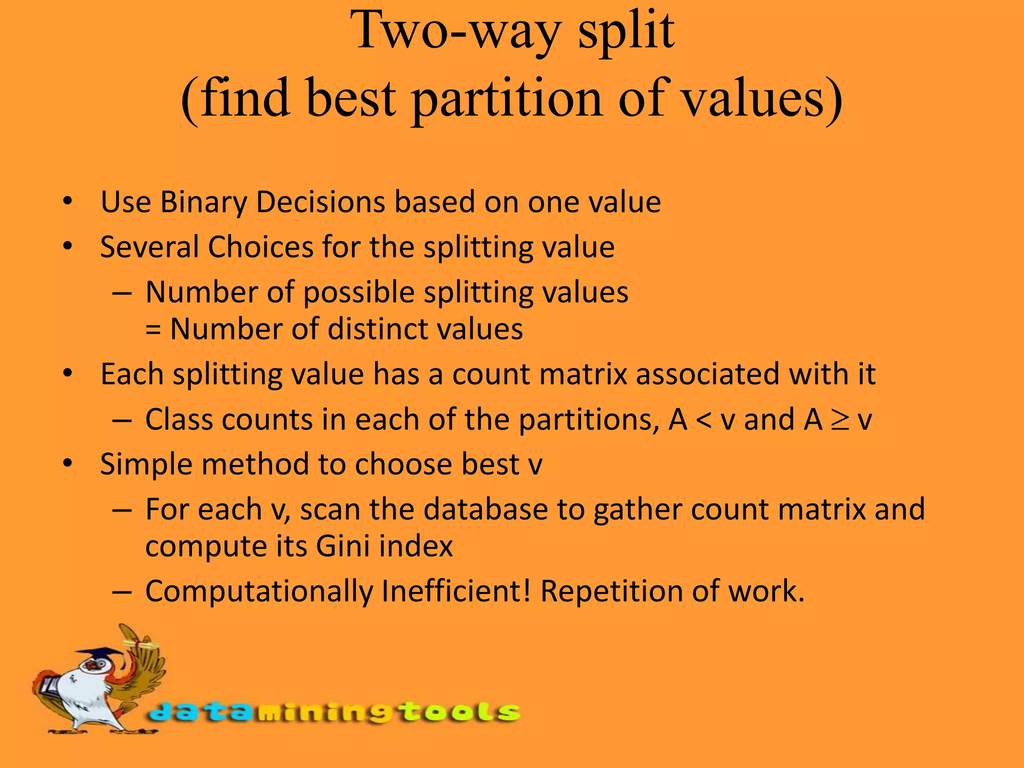 Larger and Purer Partitions are sought for.Categorical Attributes: Computing Gini IndexFor each distinct value, gather counts for each class in the datasetUse the count matrix to make decisionsTwo-way split (find best partition of values)Multi-way split