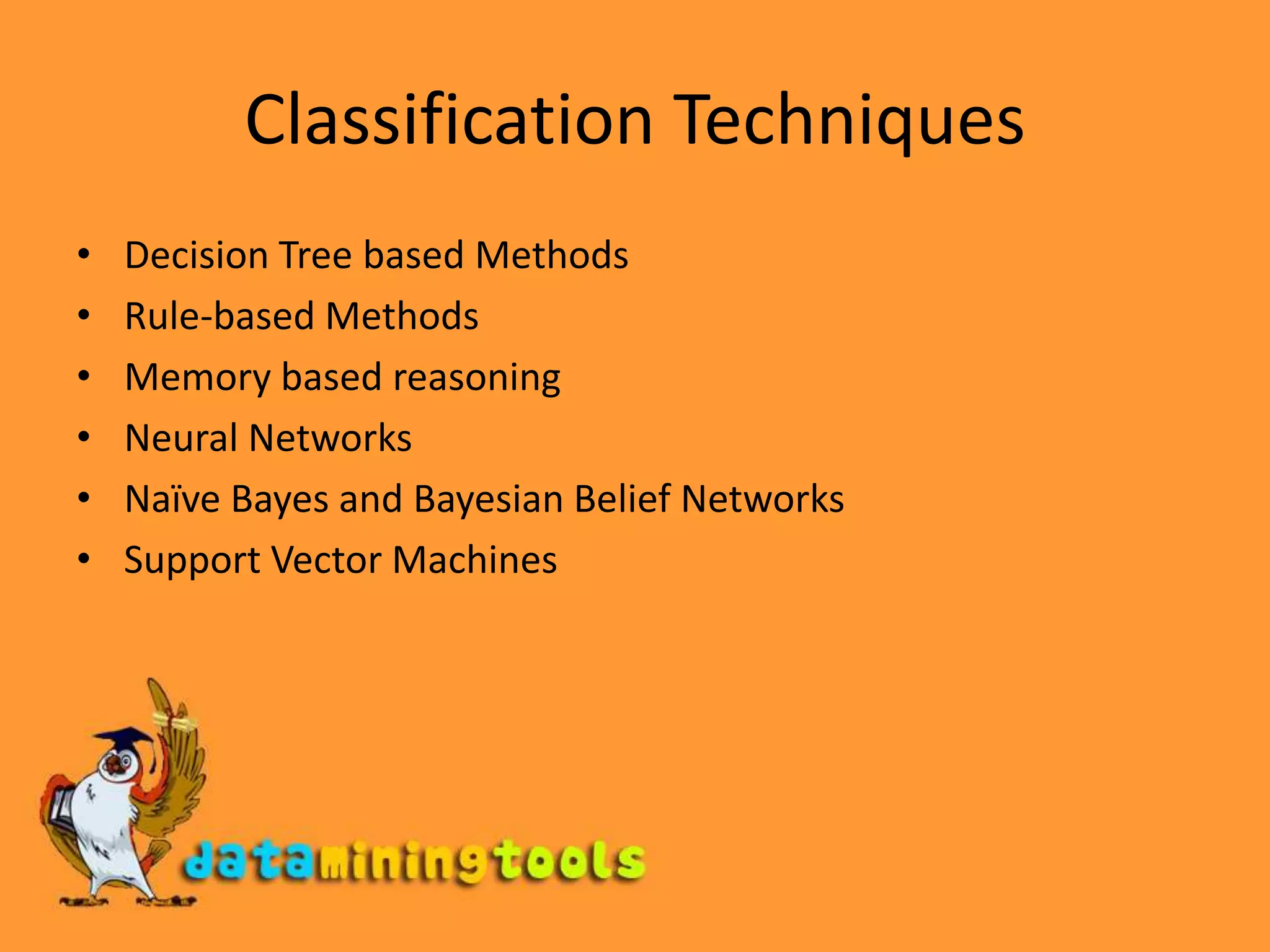 Classification TechniquesDecision Tree based MethodsRule-based MethodsMemory based reasoningNeural NetworksNaïve Bayes and Bayesian Belief NetworksSupport Vector Machines
