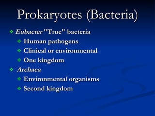 Prokaryotes (Bacteria) Eubacter  "True" bacteria  Human pathogens Clinical or environmental One kingdom Archaea   Environmental organisms  Second kingdom  