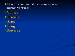 Here is an outline of the major groups of microorganisms:  Viruses   Bacteria   Algae   Fungi   Protozoa   