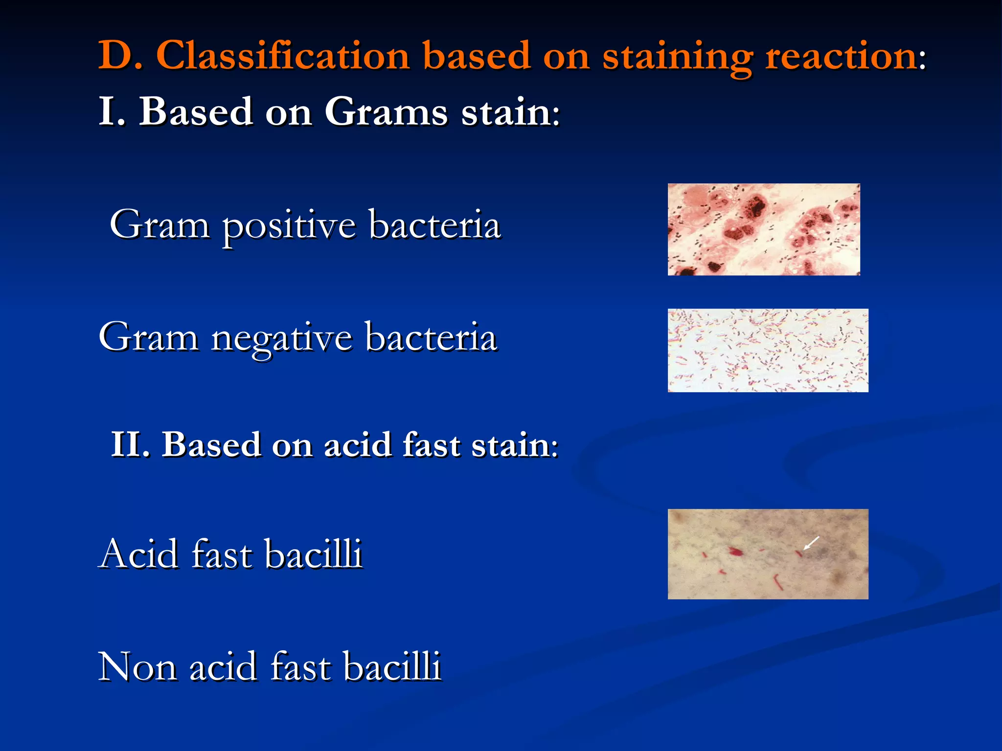 D. Classification based on staining reaction : I. Based on Grams stain :  Gram positive bacteria Gram negative bacteria II. Based on acid fast stain : Acid fast bacilli Non acid fast bacilli 