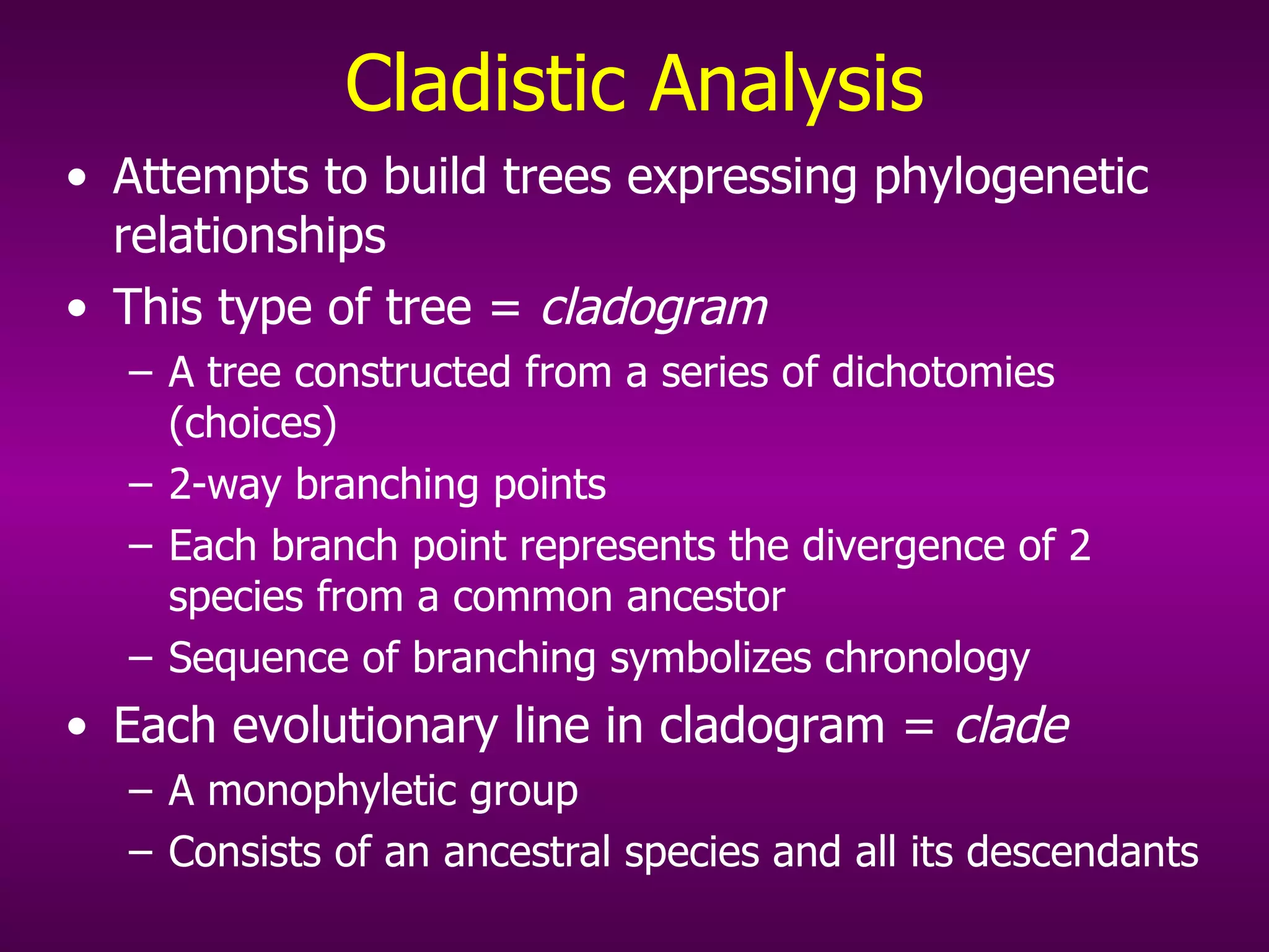 Cladistic Analysis Attempts to build trees expressing phylogenetic relationships This type of tree =  cladogram A tree constructed from a series of dichotomies (choices) 2-way branching points Each branch point represents the divergence of 2 species from a common ancestor Sequence of branching symbolizes chronology Each evolutionary line in cladogram =  clade A monophyletic group Consists of an ancestral species and all its descendants 